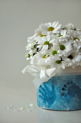 białe margaretki w niebieskiej donicy © at_