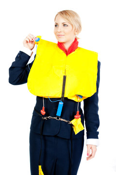 stewardess in a life jacket