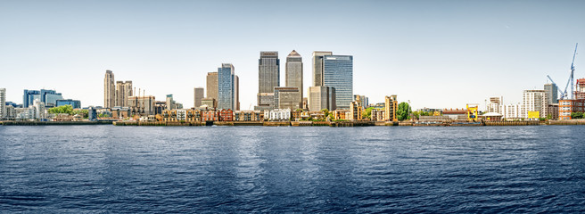 Panoramic picture of Canary Wharf view from Greenwich.