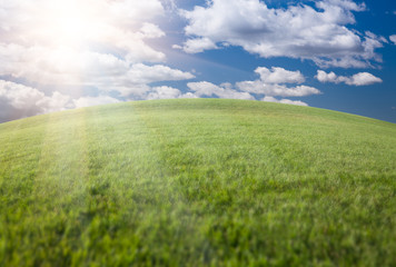Fototapeta na wymiar Zielona trawa, błękitne niebo i słońce