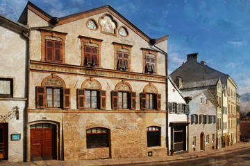 Streets of Innsbruck, Austria. Watercolor style with texture