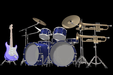 drum kit guitar and trumpet isolated on a black background