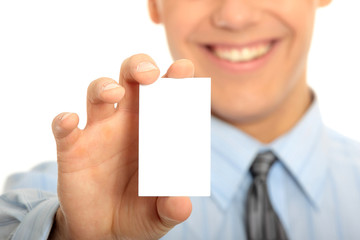 Business man with blank business card