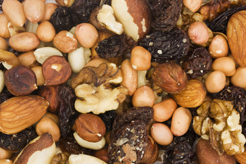 background of mixed nuts and dried fruits