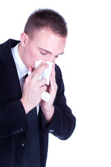 Businessman with a big influenza hold handkerchief