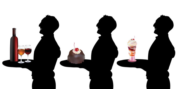 Silhouettes waiters with wine and desserts.