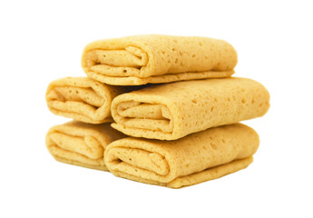 Stuffed pancakes on white background