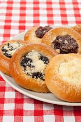 cake on the checkered tablecloth