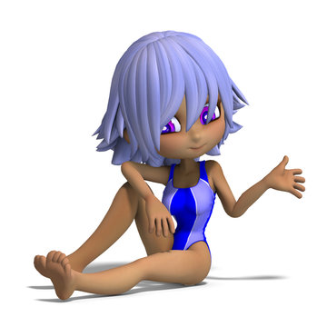 beautiful cartoon girl in a onepiece swimsuit. 3D rendering with