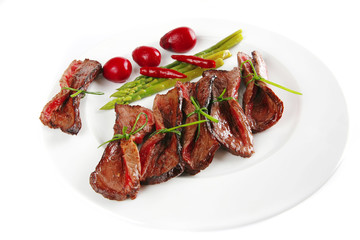 meat and vegetables on white plate