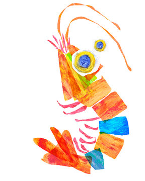 カラフルなエビのコラージュ風イラスト