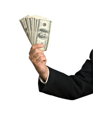 Hand with dollar bills isolated on background