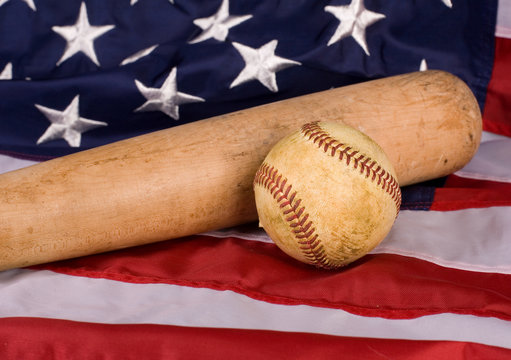 Old Baseball and Bat with American Flag