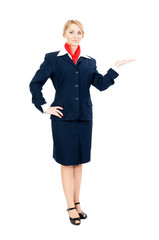 stewardess showing something