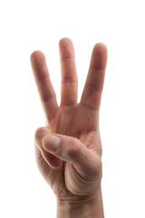 hand in business shirt showing three fingers