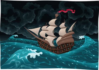 Möbelaufkleber Galleon in the sea with storm. Cartoon and vector illustration © ddraw