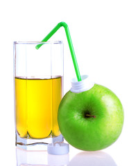 Glass of apple juice with apple package
