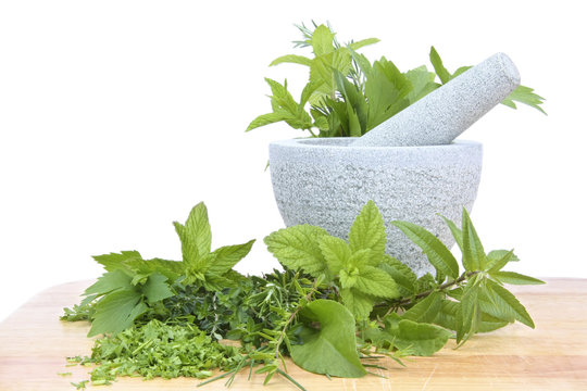 Mortar with herbs