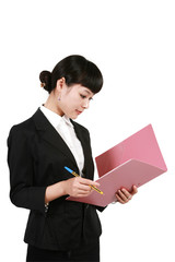 Happy businesswoman with clipboard, isolated on white