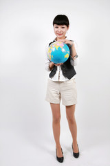 businesswoman holding a globe on white background
