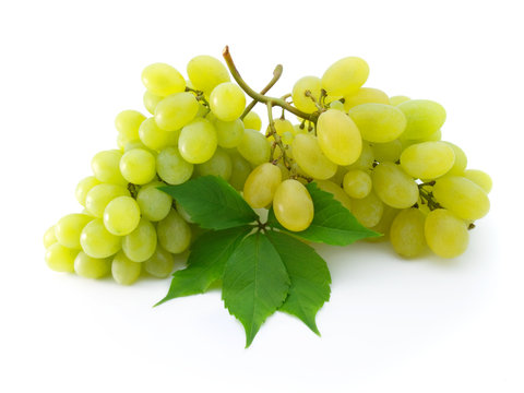 two bunch of fresh grapes with leaf isolated on white