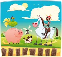 Photo sur Plexiglas Far West Agriculteur drôle avec des animaux. Dessin animé et illustration vectorielle.