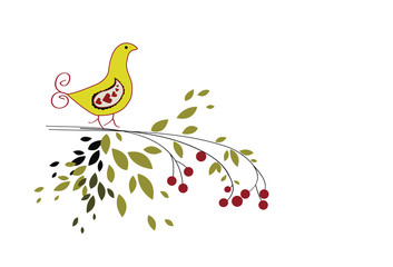 A bird sitting on a branch with red berry