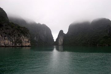 halong bay in rain and fog