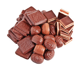 different chocolate candies isolated on white