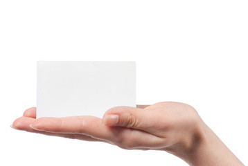 Obraz premium Woman hand holding empty visiting card and pointing on it