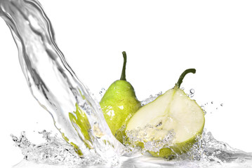 fresh water splash on green pear isolated on white