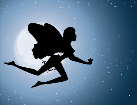 Flying fairy silhouette in night sky