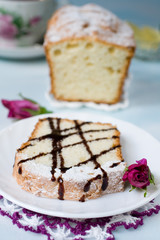 cake and cup of black tea