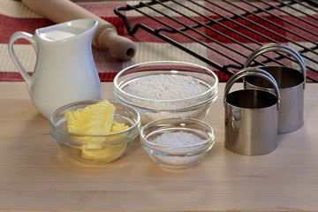dough ingredients and kitchen utensils
