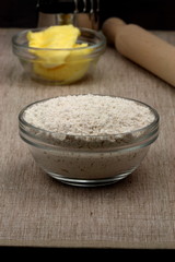 dough ingredients and kitchen utensils