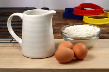 pancake ingredients and kitchen utensils