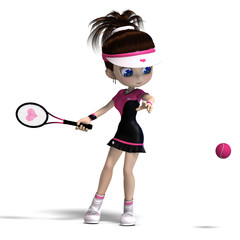 sporty toon girl in pink clothes plays tennis. 3D rendering with