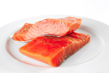pink salmon on white plate