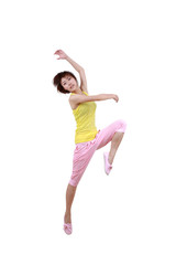 Girl jumping isolated on white background .