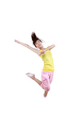 Girl jumping isolated on white background .