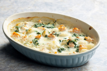 baked gnocchi with salmon and spinach