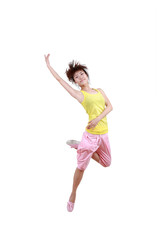 Girl jumping isolated on white background .