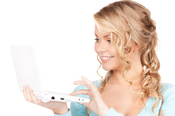 happy woman with laptop computer