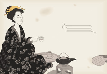 Woman drinking tea- Japanese style drawing