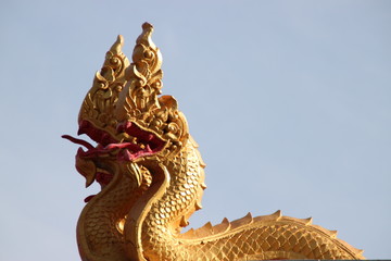 3 head naga on roof of temple, Na Kha, Wapipatum, Mahasarakam
