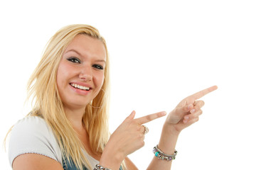 Young blonde woman over white background