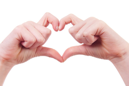 hands in shape of hearts over white background