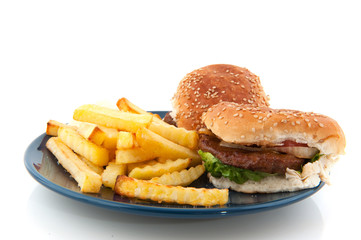 Hamburger with French fries