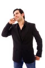 Young business man on the phone, isolated on white background