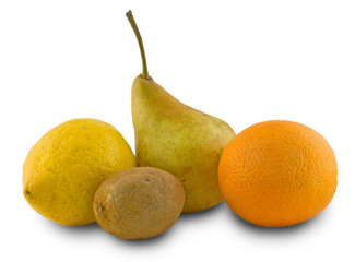 pear, lemon, orange, kiwi fruit on white background
